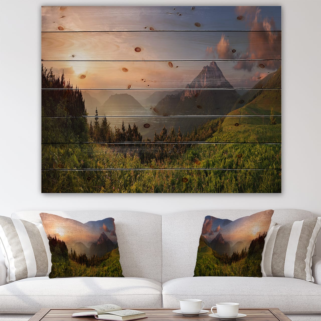Designart - MountaIn Peak During Sunset - Traditional Print on Natural Pine Wood